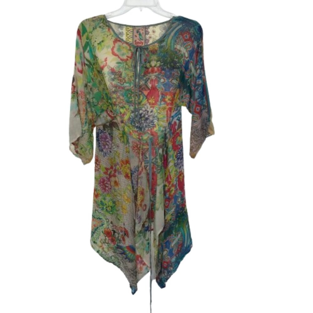 Womens Size XS Johnny Was Roselynn Multicolor Floral Print Front Wrap Mini Dress
